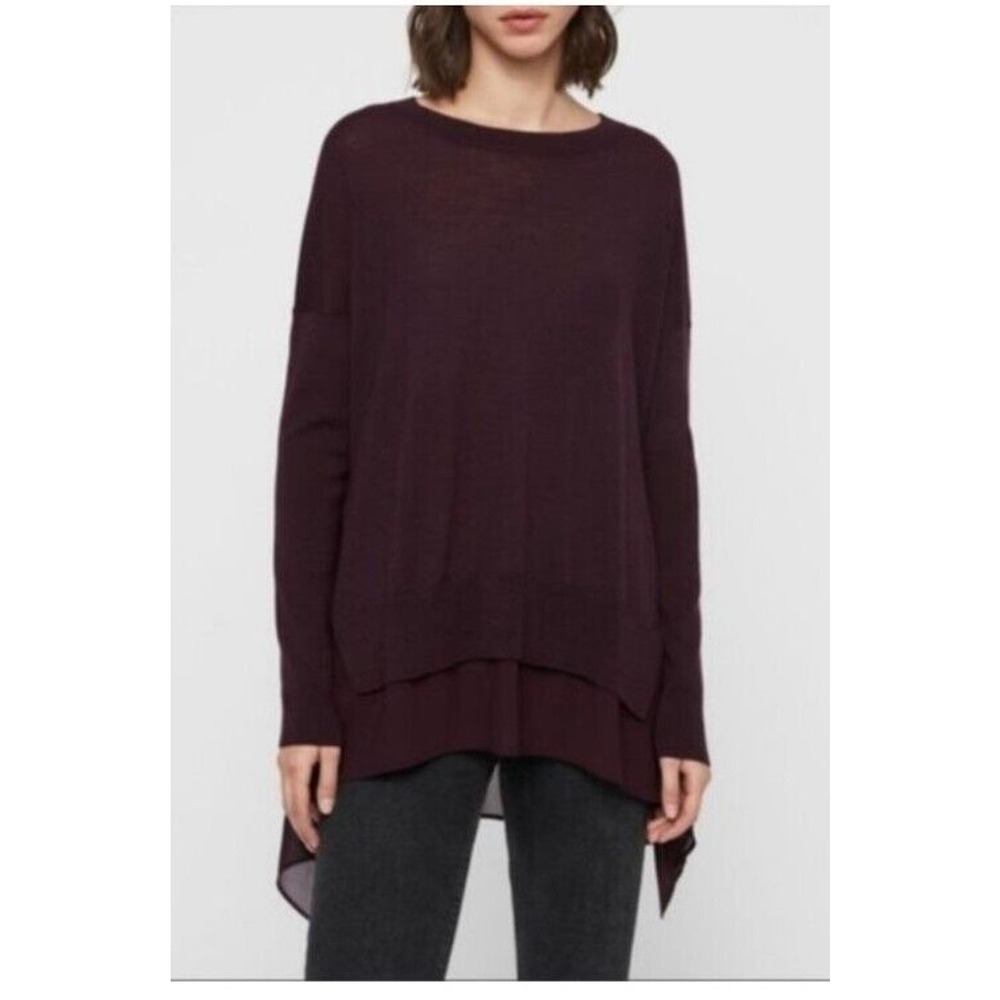 All Saints Sweater Womens Large Crew Neck 100% Merino Wool Purple High Low 0123